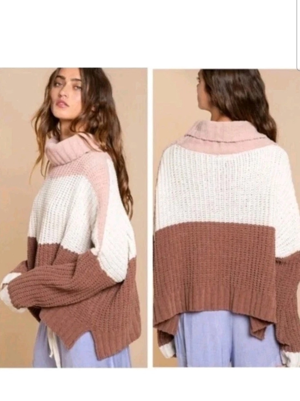 POL Canyon Rose Chenille Sweater L Colorblock Oversized Turtleneck Cozy Winter
